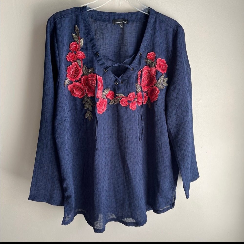 RXB Semi-Sheer Navy Blouse with Embroidered Flowers XL